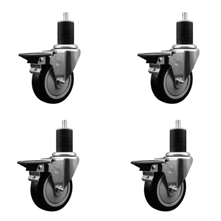 Service Caster 4'' Black Poly Swivel 1-3/4'' Expanding Stem Caster Set with Brake, 4PK SCC-EX20S414-PPUB-BLK-PLB-134-4